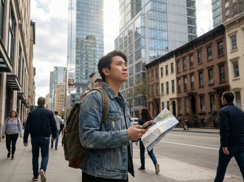 Person exploring a new city with a map, considering relocation