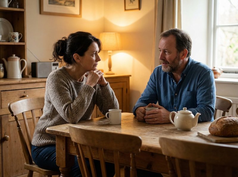 Two people having a calm and honest conversation at a kitchen table