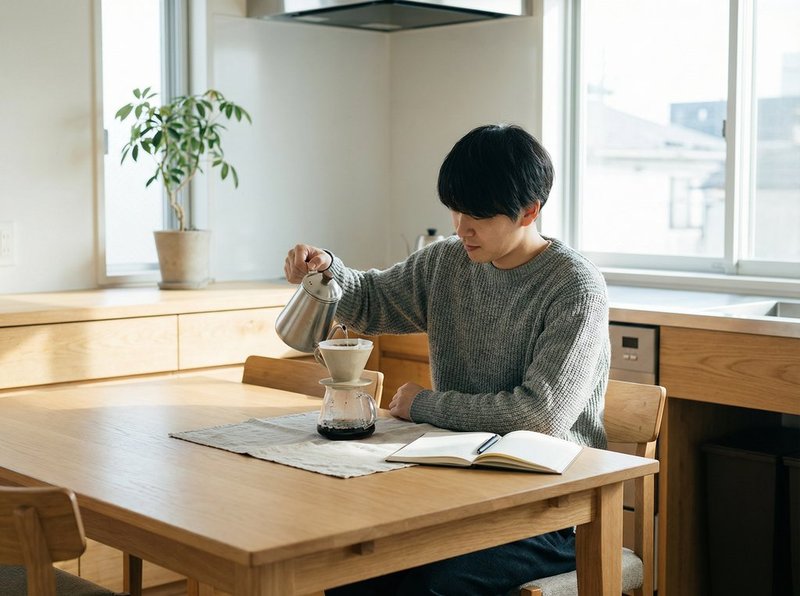 Person establishing a morning routine — making coffee and writing in a planner