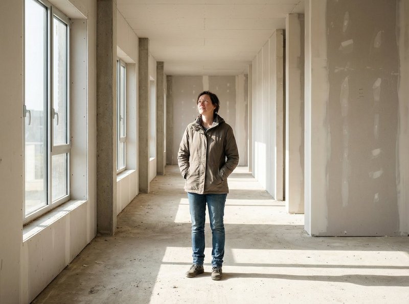 Person standing alone in an empty new space — first days of a new chapter