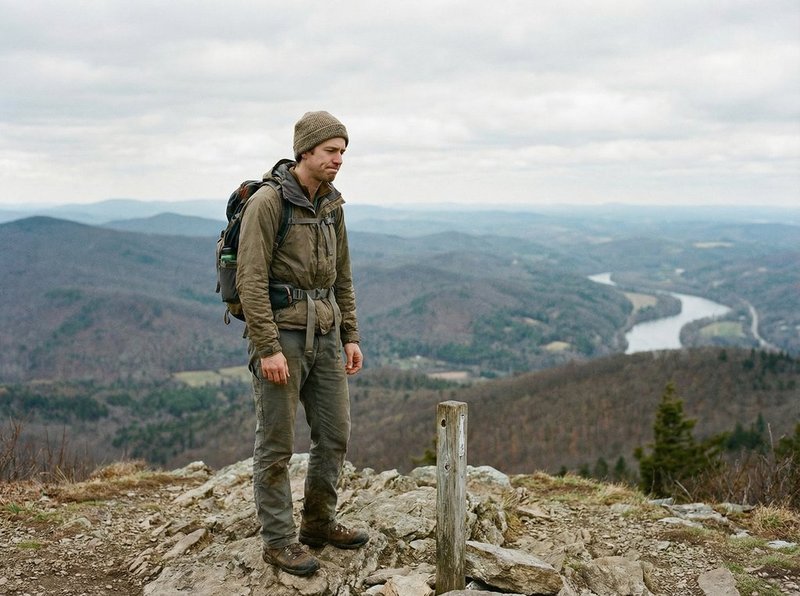 Person at a mountain summit, contemplative after reaching their goal