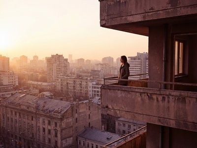 Standing on a rooftop looking at the city at golden hour
